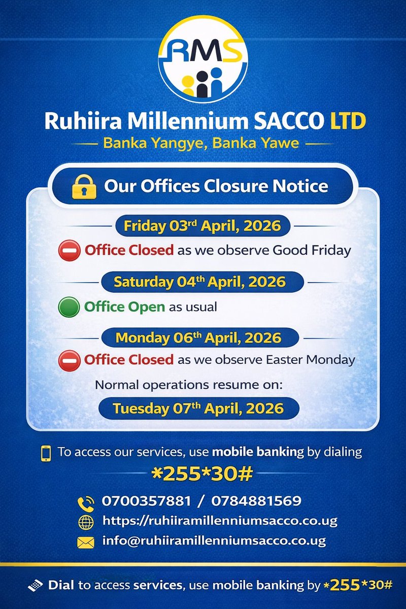 Happy Easter Holidays to you and your loved ones from yours truly <a href="/ruhiiramsacco/">Ruhiira Millennium Sacco</a>. #Banka Yangye, Banka Yawe