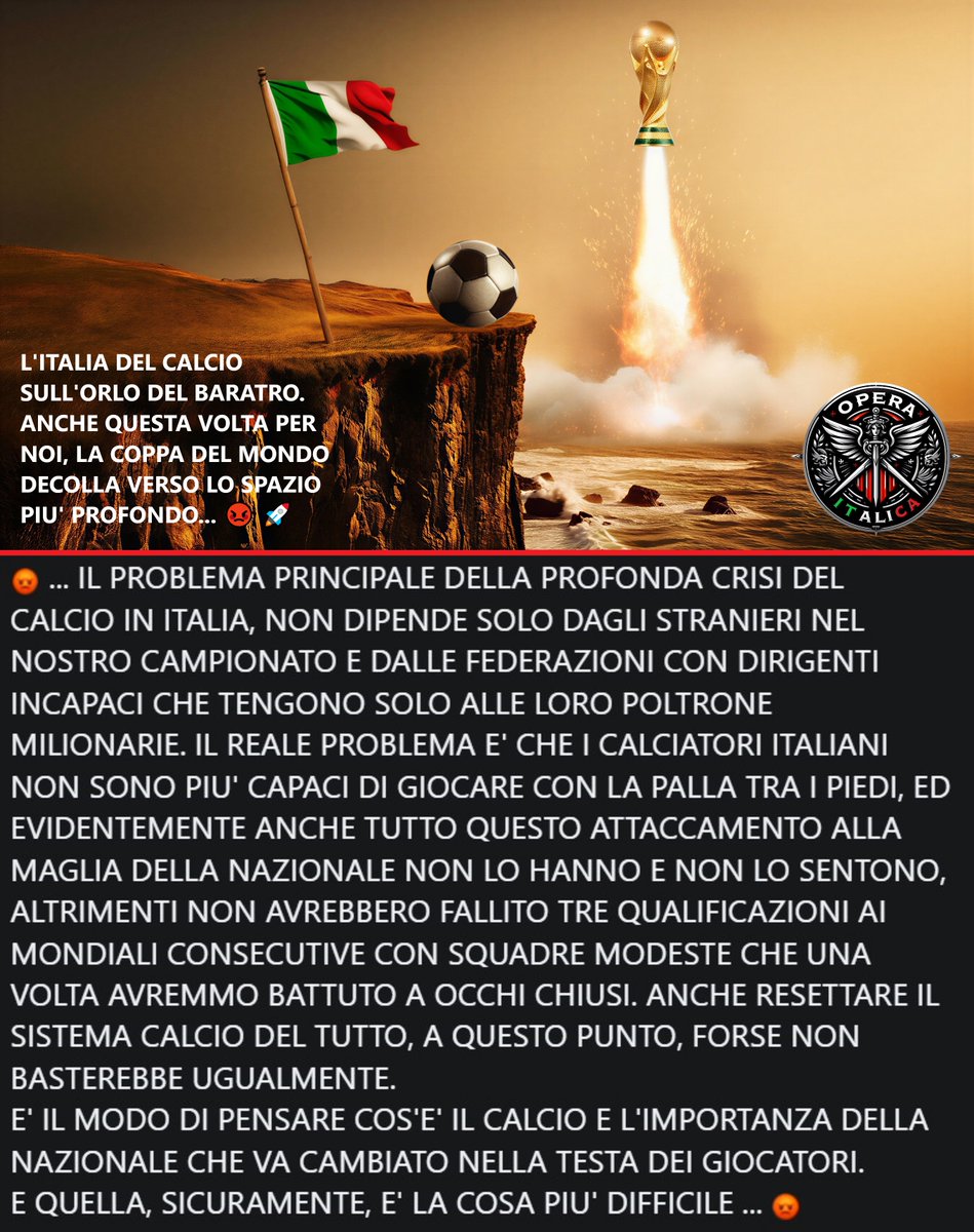 OperaItalica's tweet photo. #nazionale #Italia #azzurri #figc #mondiali2026 #fuoridaimondiali #bosniaItalia #disfatta #calcio #serieA #Italia #sport #sinner #mondiali82 #mondiali2006 #federazione #dimissionigravina #dimissionibuffon #dimissionigattuso #baggio #maldini #legaserieA #mondiali #calcio https://t.co/4OqYetf9xC