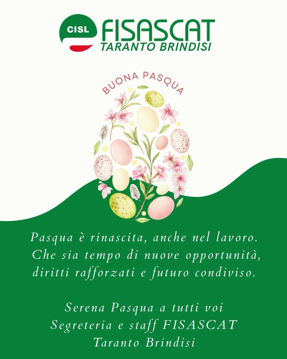 FisascatTABR's tweet photo. Buona Pasqua da tutta la #Fisascat #TarantoBrindisi💚
#CISL #FisascatCisl https://t.co/LeKNIS04Xo