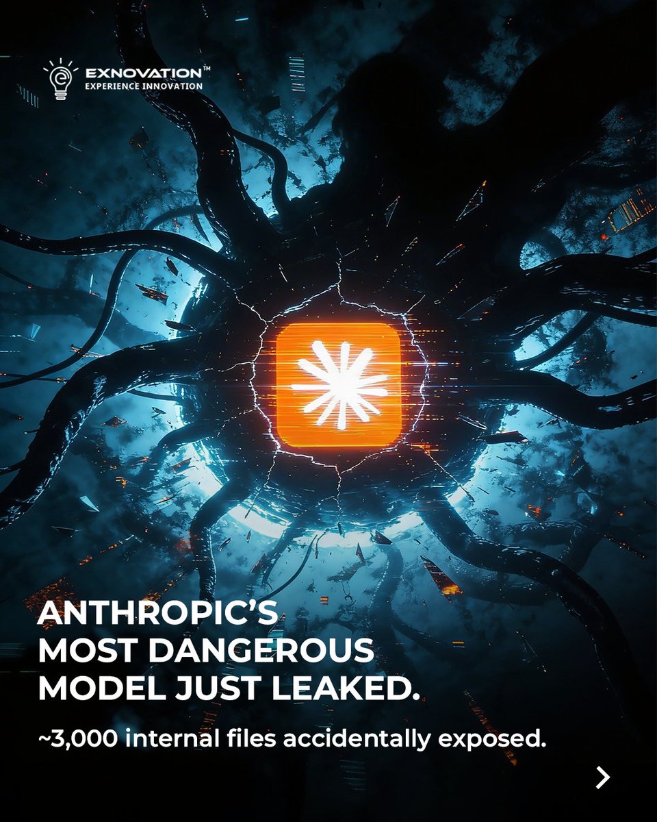 exnoweb's tweet photo. Anthropic’s most dangerous model just leaked. ⚠️
~3,000 internal files accidentally exposed.
It thinks. Plans. Executes. 🤖This isn’t a leak… it’s a warning.
Stay ahead of what’s next.Follow Exnovation. 🚀
#AI #ArtificialIntelligence #TechNews #Innovation #FutureTech https://t.co/q8VuXsq0ZD