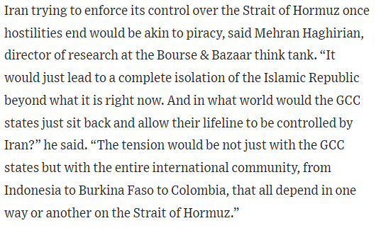 glcarlstrom's tweet photo. Good point from @MehranHaghirian. The idea that Iran can control of Hormuz after the war starts with the flawed assumption that Gulf states (and everyone else) would simply accept that state of affairs

Iran has a window to trade Hormuz for concessions from Trump. But if it's determined to charge tolls and maintain a veto on the strait after the war, it is setting itself up for further conflict https://t.co/QhzKgz4Tkn