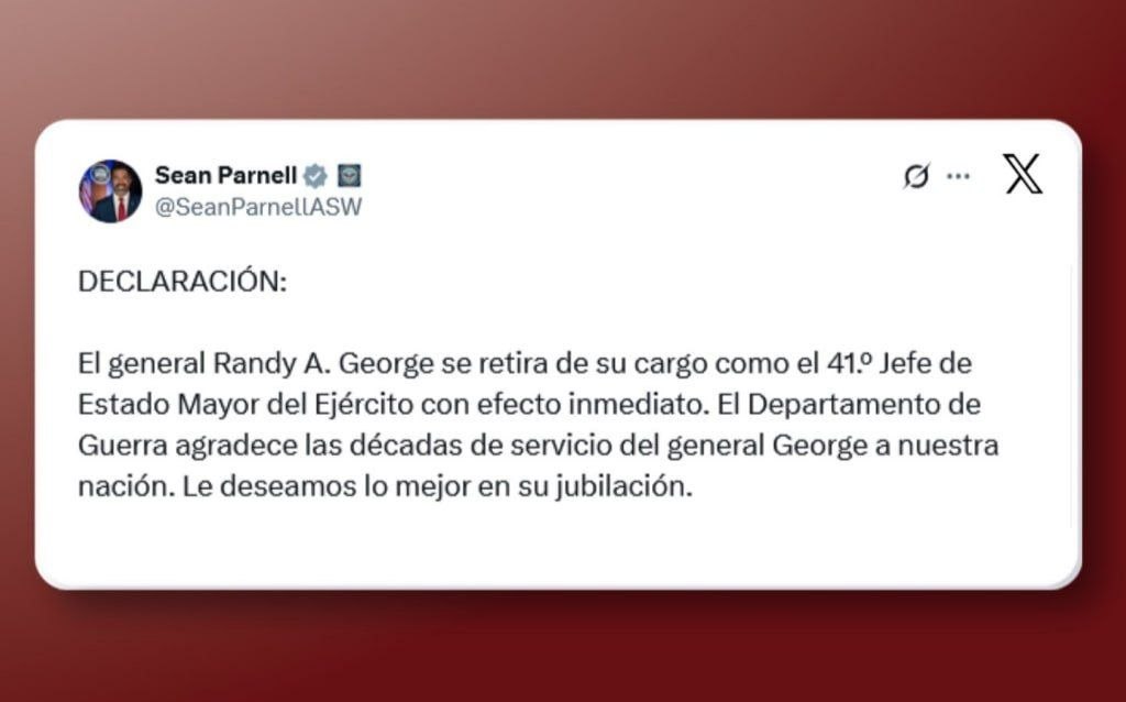 Sarah83336937's tweet image. 🇺🇸 El Departamento de Guerra de EE. UU. confirma que el general Randy George se retirará de su cargo como 41.º Jefe de Estado Mayor del Ejército de EE. UU. con efecto inmediato.

✅ Síguenos