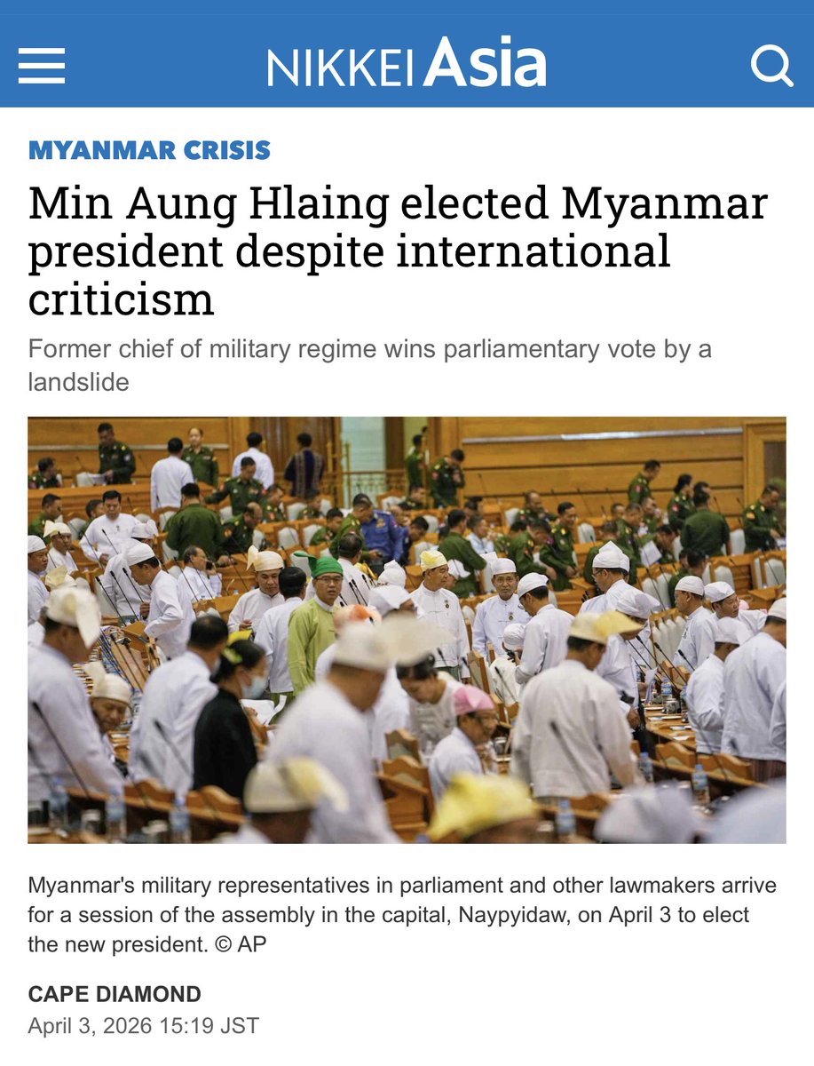 cape_diamond's tweet image. JUST IN: #Myanmar's military-dominated parliament on Friday elected regime leader Min Aung Hlaing as the country's 11th president, completing a choreographed transition to nominally civilian rule five years after the armed forces seized power.

"This result is a foregone