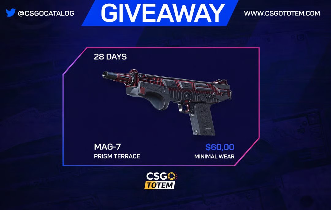 csgocatalog's tweet photo. 🔥🔥#CS2Giveaway ★ $60 - MAG-7 | Prism Terrace (Minimal Wear)
1️⃣📷Join https://t.co/DBk0x1mANu or https://t.co/UC6cGngMFD 
2️⃣Follow &amp; Retweet
3️⃣Tag 2 friends
#cs2picks ⚽️🏀📷 🚇🚊 https://t.co/vSJuMDTwOz