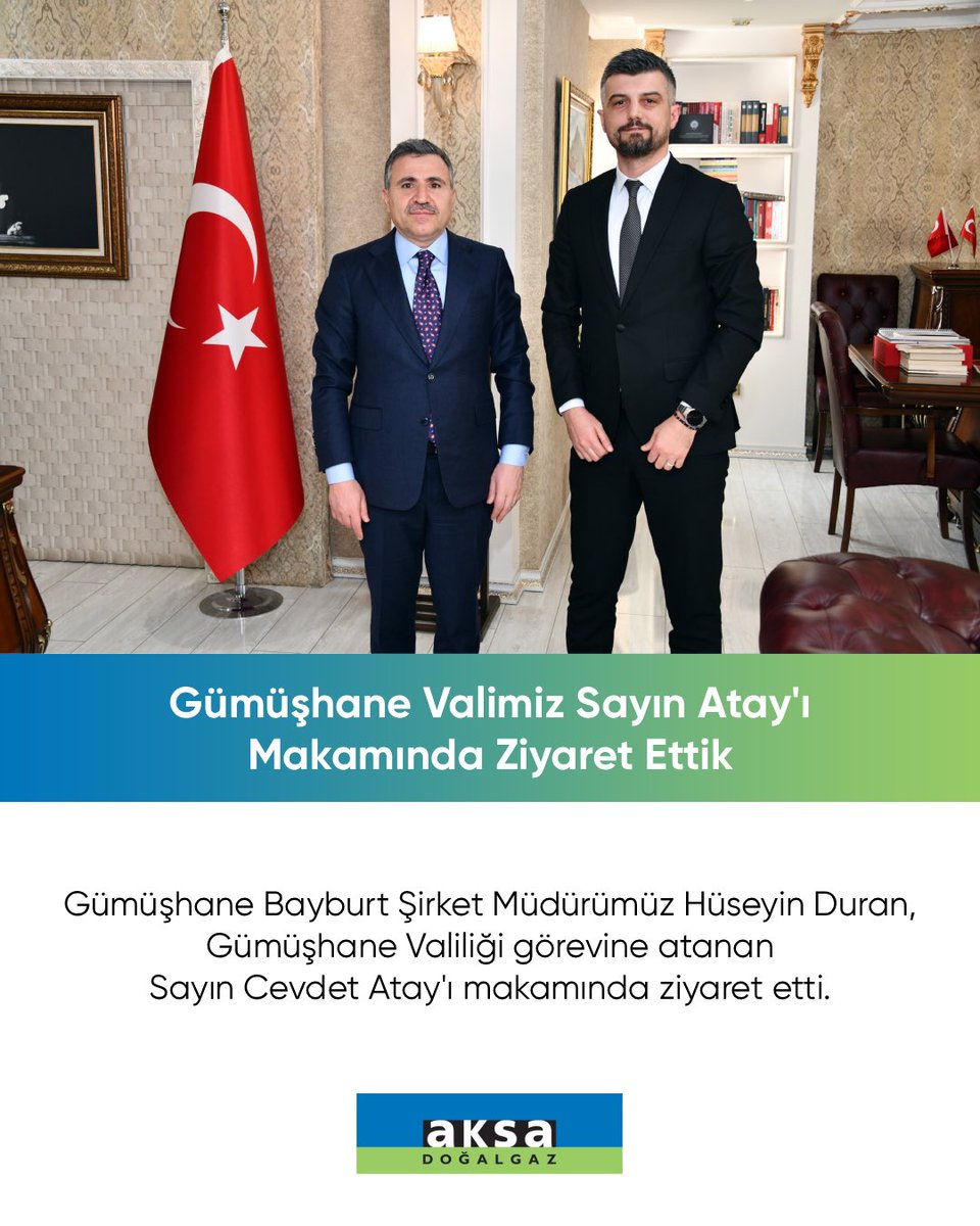 AksaCoruhgaz's tweet image. Gümüşhane Bayburt Şirket Müdürümüz Hüseyin Duran, Gümüşhane Valiliği görevine atanan Sayın Cevdet Atay’ı makamında ziyaret etti. 

#gümüşhane #bayburt #gaz 
 @Cevdet_Atay @Ghanevalilik