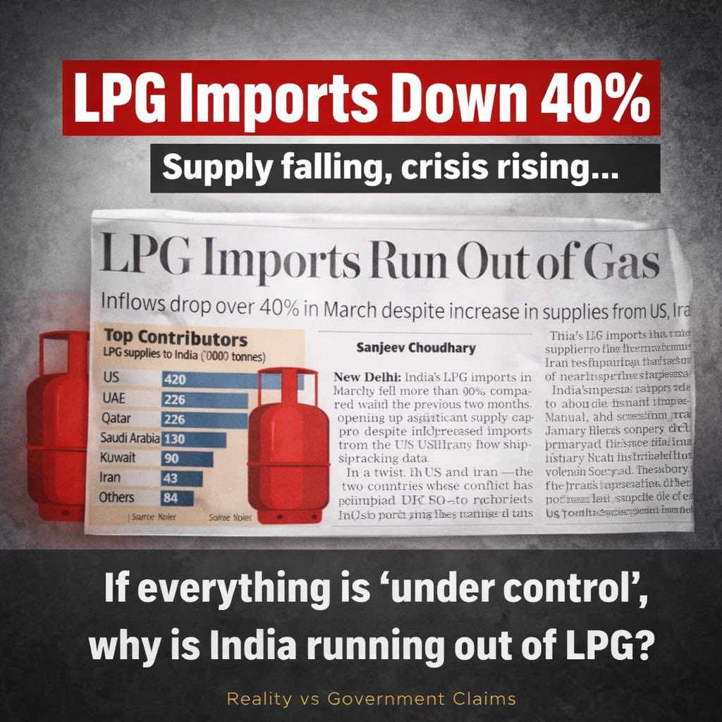 सरकार कह रही है “सब ठीक है”…

लेकिन हकीकत ये है कि LPG इम्पोर्ट 40% से ज्यादा गिर गया है।

घर-घर में गैस की चिंता है, रेस्टोरेंट ढाबे बंद हो रहे है, मजदूर घर लौट रहे है और सरकार सिर्फ प्रचार में व्यस्त है। सवाल सीधा है..

सच छुपाया जा रहा है या जनता को झूठ बेचा जा रहा है?
#मोदी