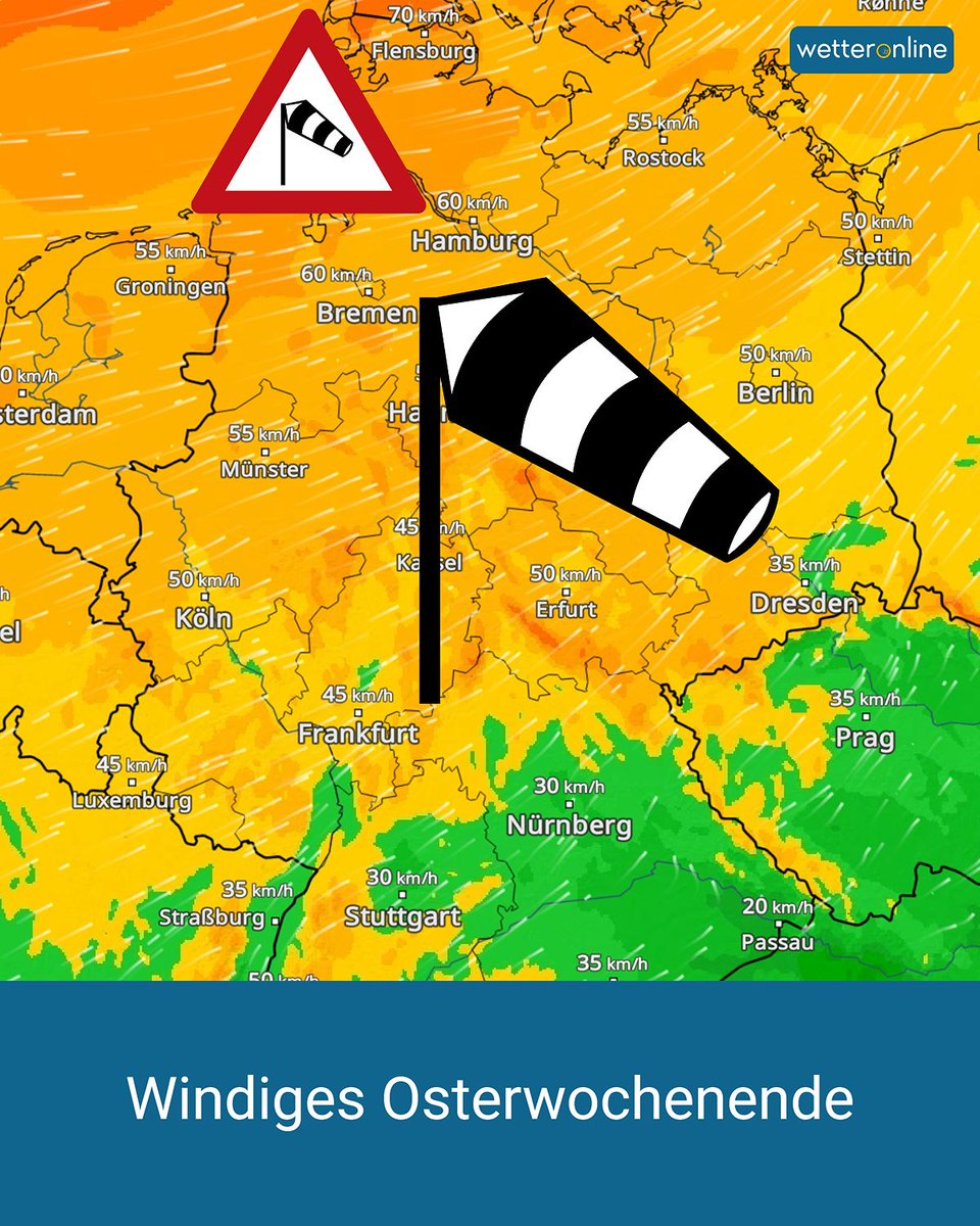 WetterOnline's tweet image. 🌬️ Windiges Osterwochenende
Sturmtief QUIANA sorgt für einen ruppigen Wind, mit Sturmböen besonders an Küsten und in den Hochlagen. 🌧️ 

Mehr dazu erfährst du hier: 👉to.wetteronline.de/windige-ostern 

#Wetter #Ostern #Wind