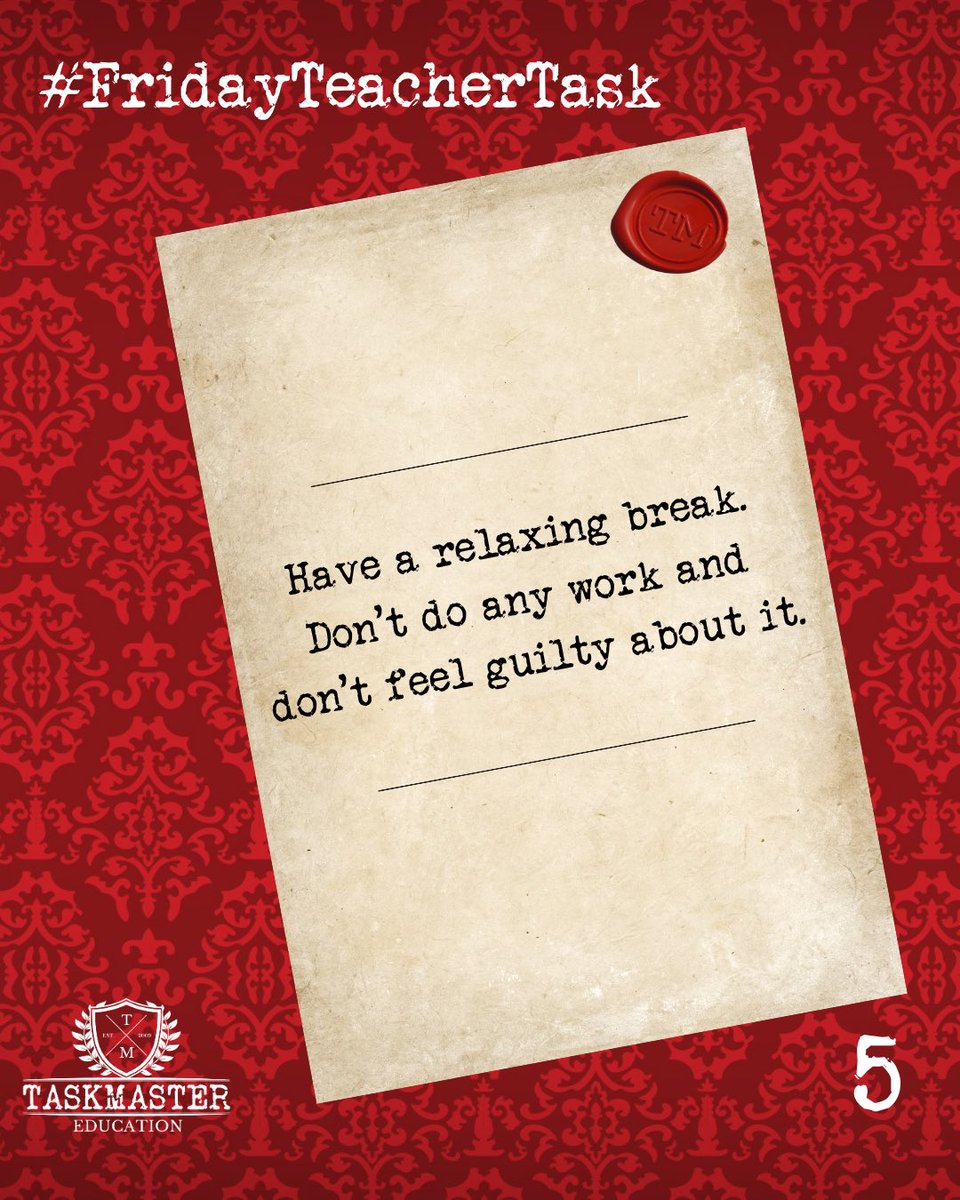TaskmasterEdu's tweet image. This week’s #FridayTeacherTask will be easy for some, but a little challenging for others. Whatever you workload looks like at the moment, do try to take a proper break, spend time doing things you like with people you love, and possibly eat a bit of chocolate #teacher #wellbeing