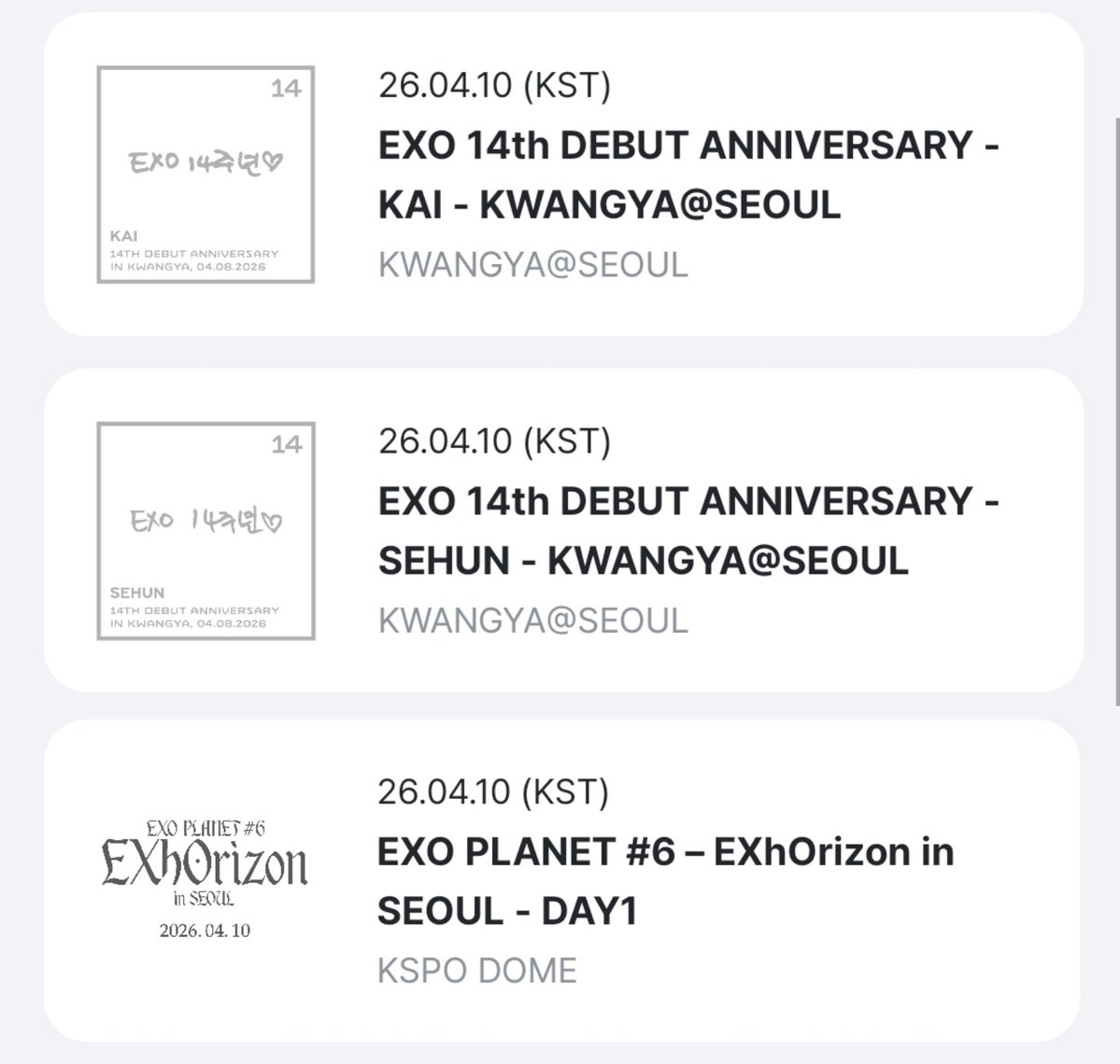 엑소 데뷔 14주년 때 성수동 광야 서울에서 QR찍으면 패스포트에 멤버들 [EXO 14주년🤍] 손글씨 스탬프 찍어주는 이벤트 하나봐

4/8 - 단체, 수호
4/9 - 찬열, 디오
4/10 - 카이, 세훈 / 첫콘 스탬프도 떠있음!