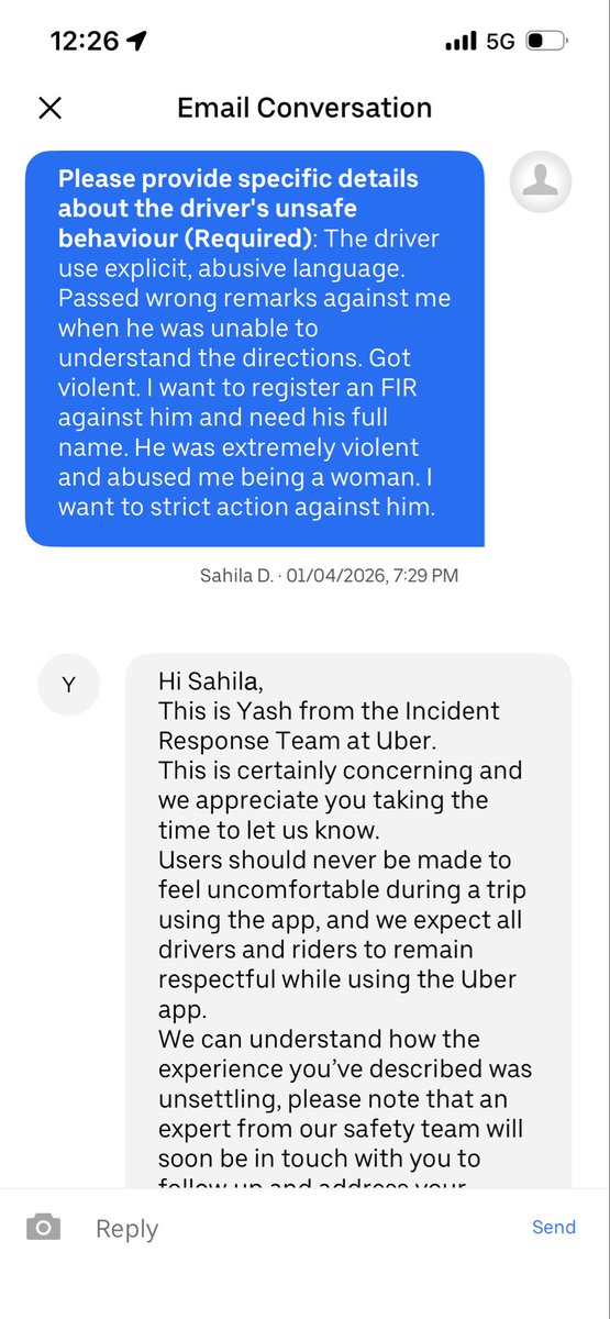 MeSahila's tweet photo. @Uber_Support @Uber Is this how you respond to a female’s complaint when reported about explicit and abusive language being used by the driver only because she cancelled the ride after waiting for 15 minutes as the driver was not able to figure out your location? https://t.co/fDzcgqqMzi