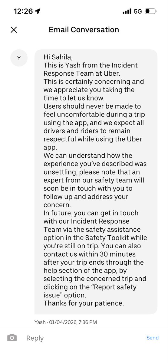 MeSahila's tweet photo. @Uber_Support @Uber Is this how you respond to a female’s complaint when reported about explicit and abusive language being used by the driver only because she cancelled the ride after waiting for 15 minutes as the driver was not able to figure out your location? https://t.co/fDzcgqqMzi