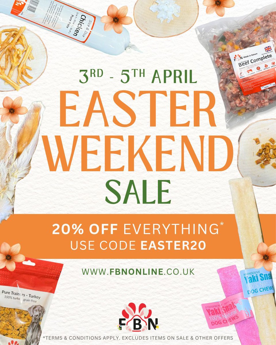 The Easter Bunny isn’t the only one delivering goodies this weekend… 👀🐾

Enjoy 20% OFF everything online this Easter Weekend! 🐶💛

Use code EASTER20 at checkout 🛒 buff.ly/1Ze4PSU 
Hop to it… this offer won’t last forever! 🐰✨ 

#FBN #EasterSale #rawdogfood