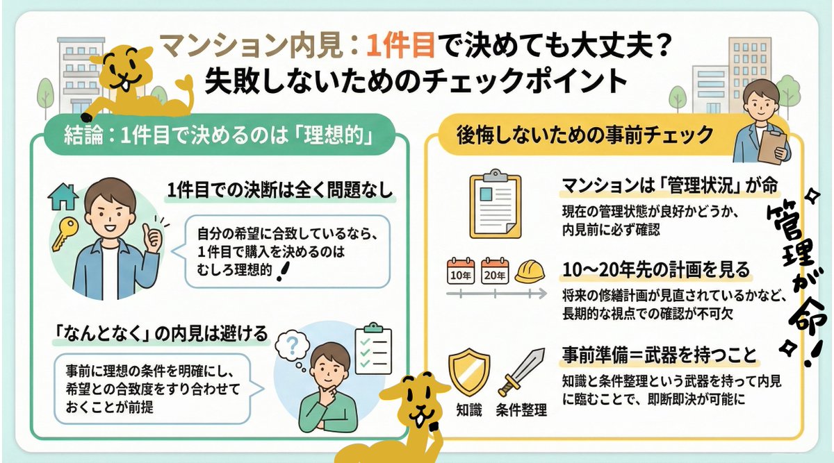 内見１件目で「これだ‼️✨」
…と思ったら、即決してもいい？🤔

✅正解：条件が合えば即決OK❣️

大切なのは「なんとなく」ではなく、事前に希望条件や管理状況をプロとすり合わせていること。
納得感のある準備ができていれば、１件目での決断はむしろ「理想的な物件に出会えた」証拠です👍🏠✨