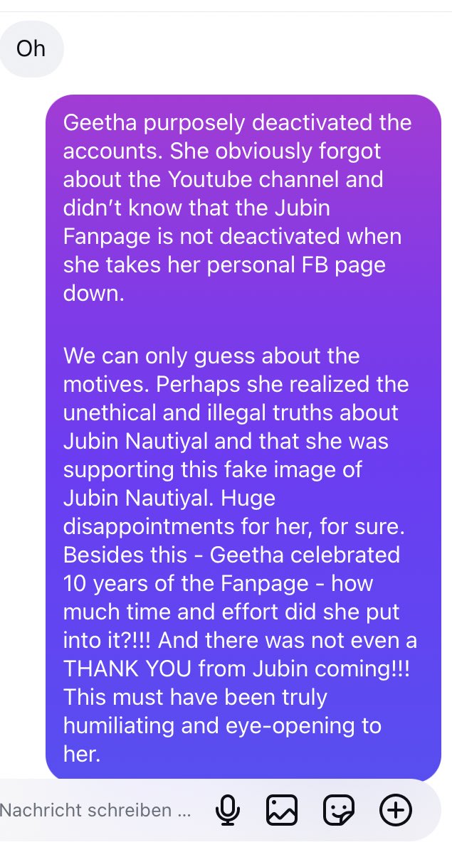 “We Love Jubin Nautiyal” Geetha purposely deactivated the accounts. She obviously forgot about the Youtube channel and didn’t know that the Jubin Fanpage is not deactivated when she takes her personal FB page down.

We can only guess about the motives.