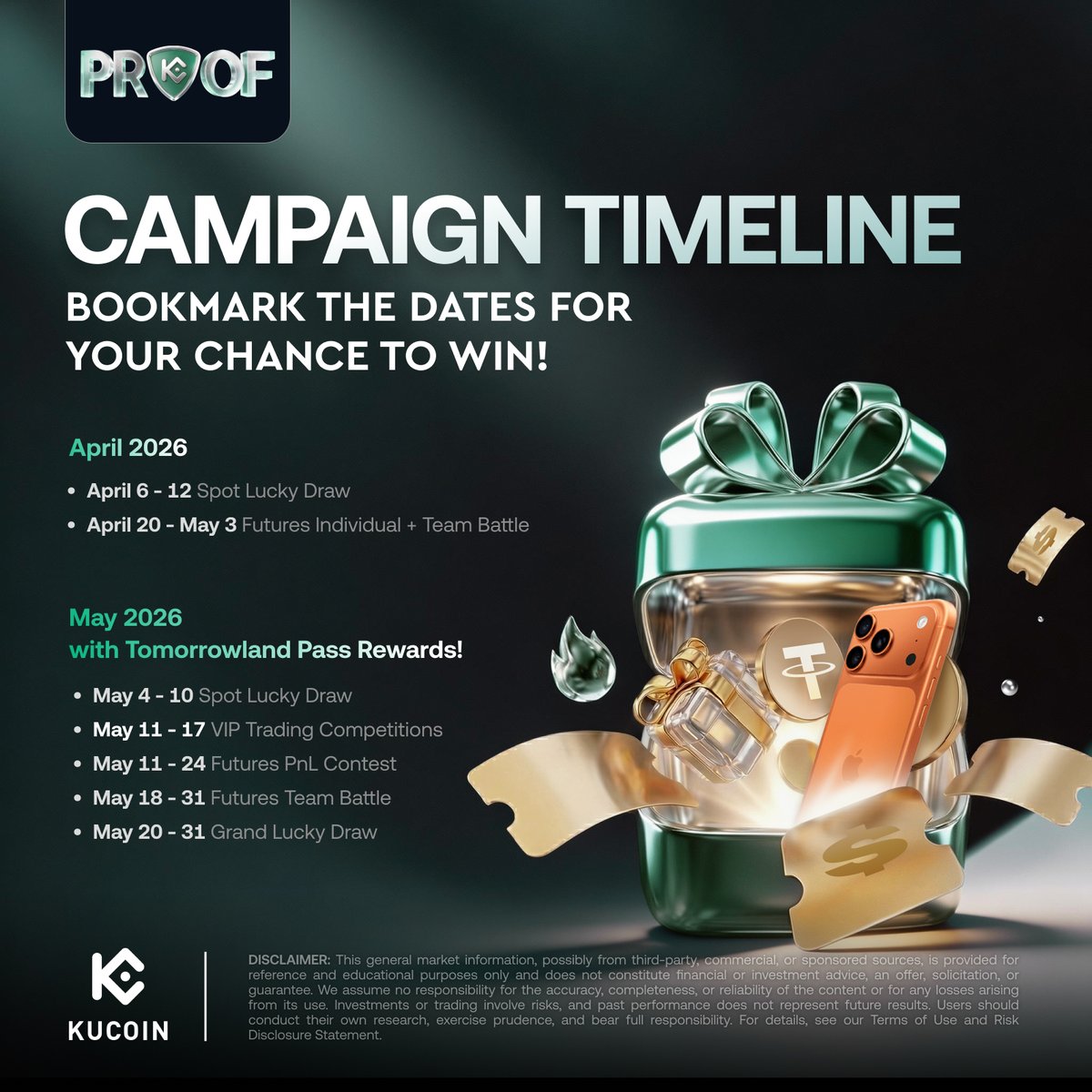 The wait is over! #KuCoinPROOF Phase 1 kicks off Apr 6. 🚀

💰 500K Reward Pool
📊 Spot &amp; Futures Tracks
⚔️ Individual &amp; Team Battle Modes

🗓️ Key Dates:
Apr 6: Spot Trading Giveaway Starts
Apr 20: Futures Trading Competition Starts

Register first to ensure you never miss the