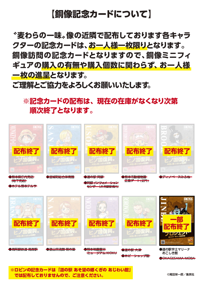 銅像記念カード〝ナミ〟につきまして 俵山交流館 萌の里での配布が終了