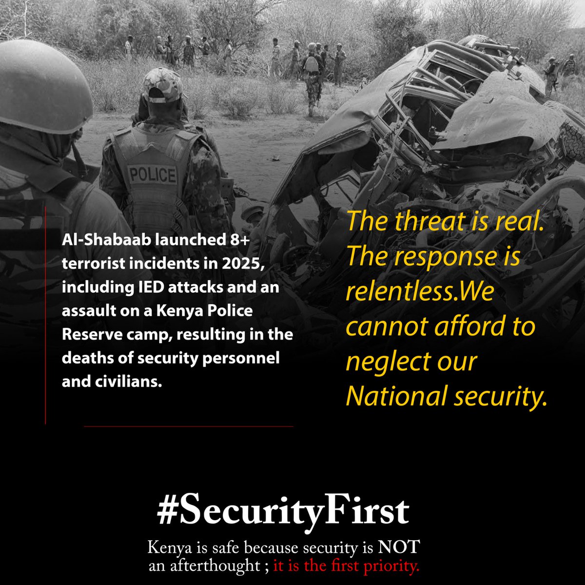 lawrencekitema's tweet image. The fight against Al-Shabaab remains a top priority, putting #SecurityFirst as the Government responds to over eight attacks in 2025, including IED explosions and an assault on a Kenya Police Reserve camp, which claimed the lives of security personnel and civilians, underscoring
