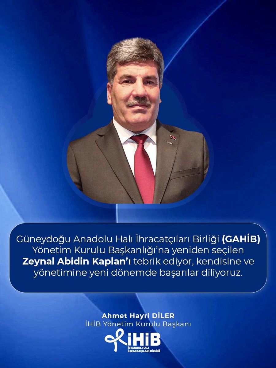 Güneydoğu Anadolu Halı İhracatçıları Birliği (GAHİB)Yönetim Kurulu Başkanlığı’na yeniden seçilen Zeynal Abidin Kaplan’ı tebrik ediyor, kendisine ve yönetimine yeni dönemde başarılar diliyoruz. 

#GAHİB #Tebrik