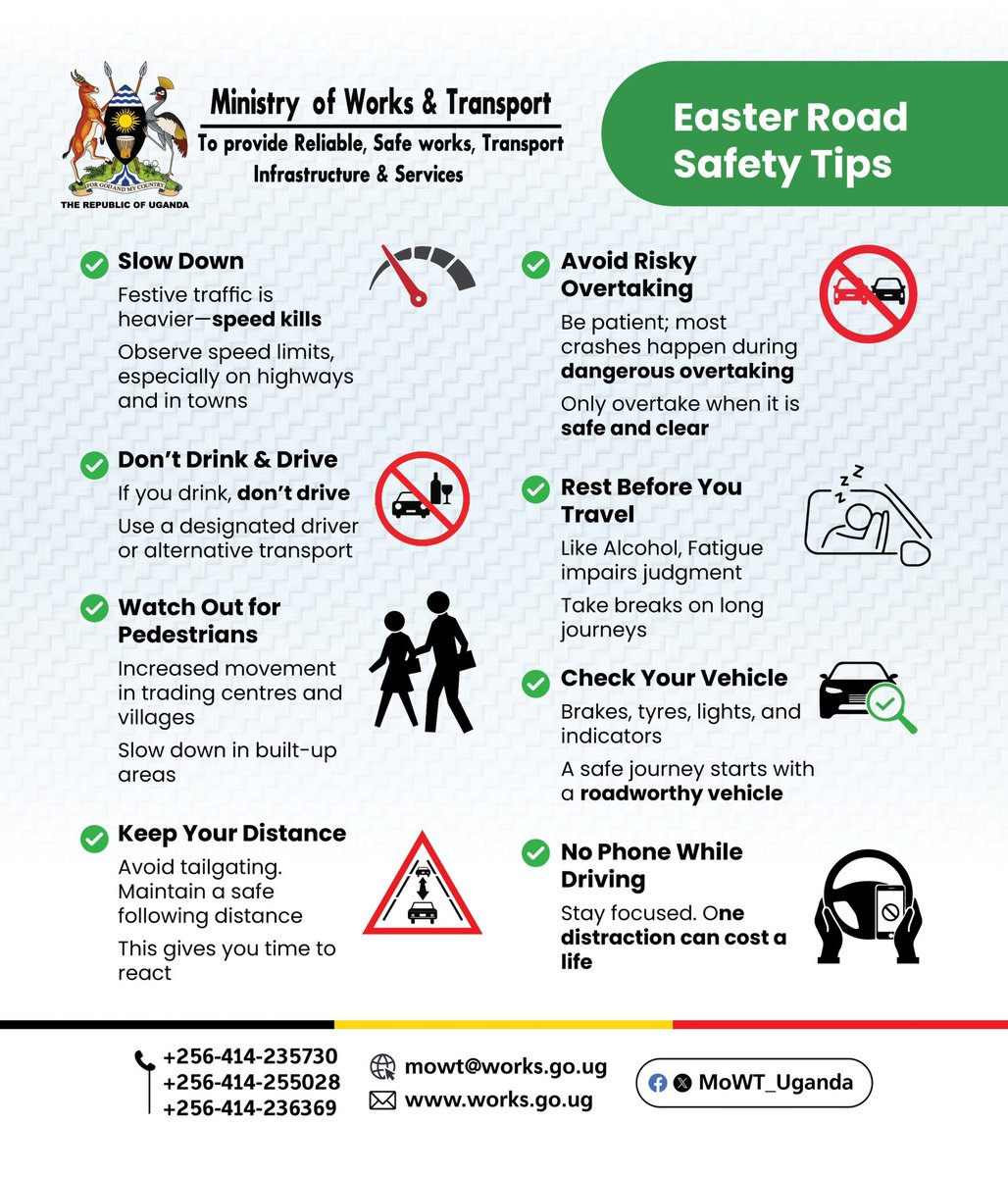 assempebwa's tweet photo. Good people, if we religiously followed the simple rules and checks, we would cut road crashes and fatalities by far!

Let’s not be in a rush to reach, plan your journey ahead and drive safely! Happy holiday!🙏🏾

@MoWT_Uganda https://t.co/XQzuiiJmFj