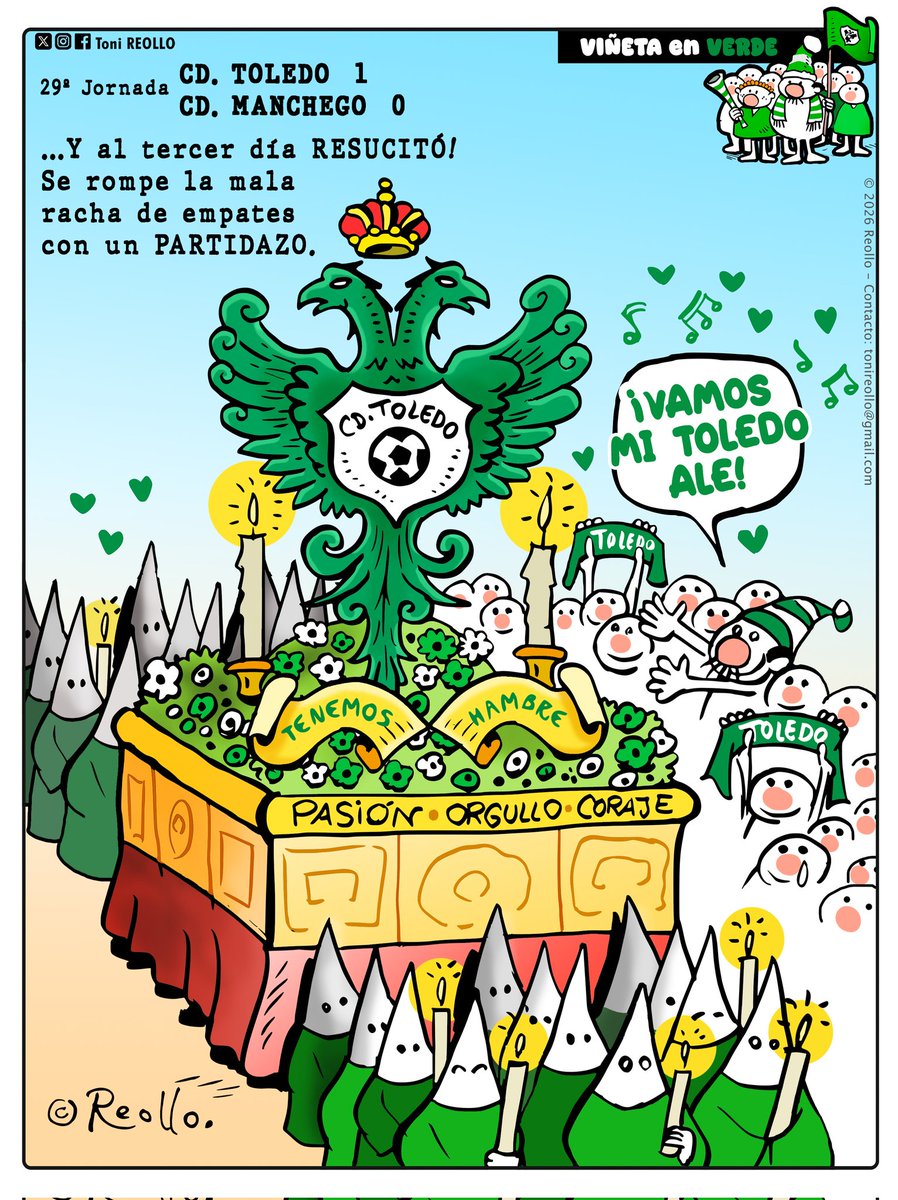 🟢Viñeta en Verde 🟢 
Así sí! 💚 Esto es otra cosa.

#viñetaenverde #CDToledo #paso #semanasanta  #Manchego #toledo #forofo #futbol #ToniReollo #reollo