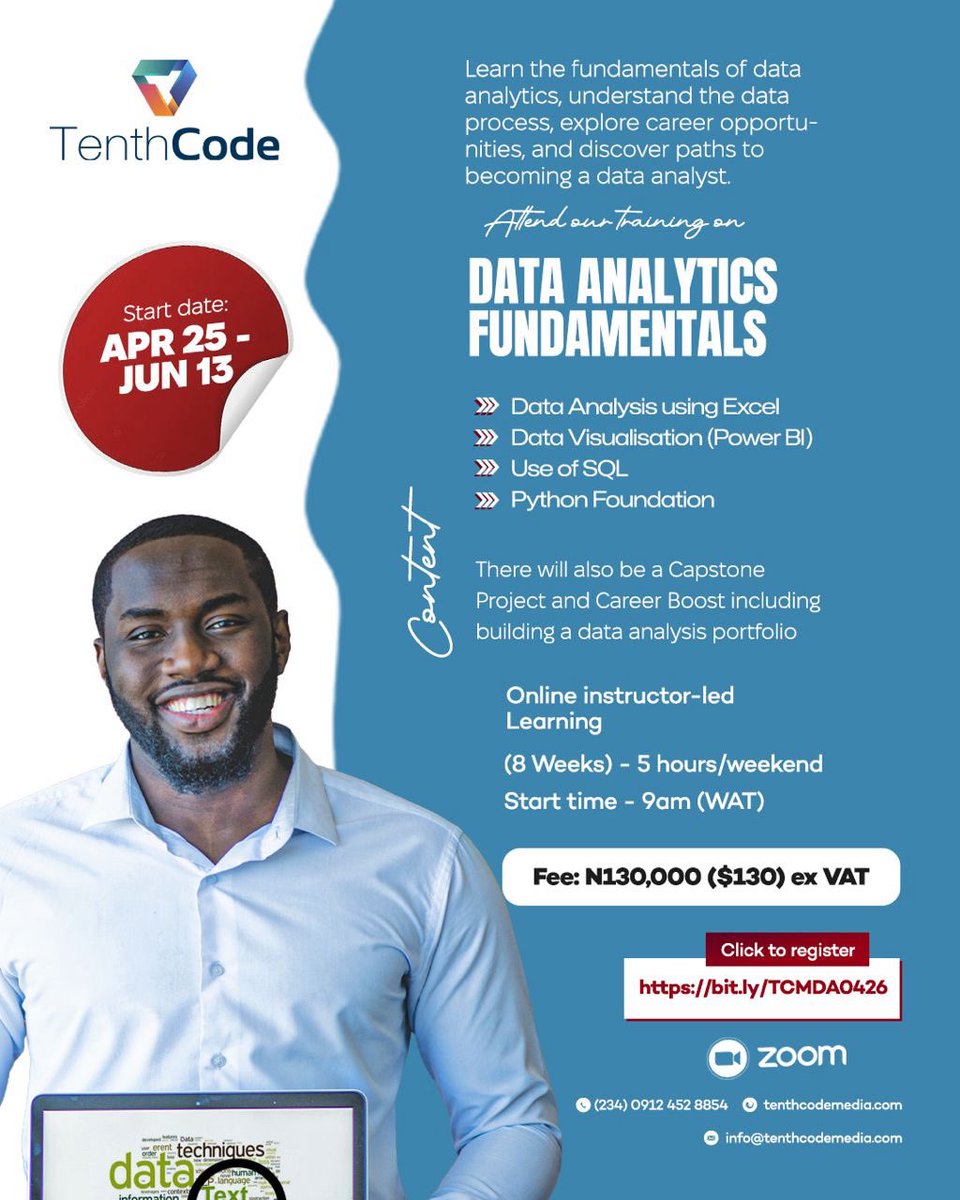 TenthCodeMedia's tweet photo. Data skills = career upgrade 📊
TenthCode’s Data Analytics Fundamentals training kicks off Apr 25.
8 weeks. Excel, Power BI, SQL &amp; Python. Online &amp; instructor-led.
Fee: ₦130,000 | Register → https://t.co/F3aFMHa8Tg

#dataanalytics #upskill #careergrowth https://t.co/k6xKGs1quc