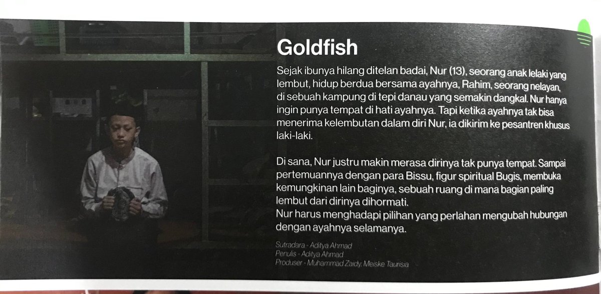 FilmIndoSource's tweet photo. A new logline for Aditya Ahmad’s 'GOLDFISH' :

It follows Nur, a gentle 13-year-old boy sent to an all-boys pesantren by his disapproving father who finds a sense of belonging among the Bissu, forcing him to make a choice that could change their relationship forever. https://t.co/Sau5md5Pth