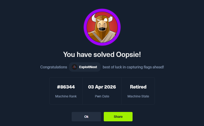 ExploitNest's tweet photo. 🚀 Another box owned! 💀🔥

Just rooted Oopsie on Hack The Box 🐂

This machine was a great learning experience from enumeration to privilege escalation, every step reinforced how important fundamentals are in penetration testing.

#HackTheBox #HTB #Pwned #CyberSecurity https://t.co/EsPMYxyd7D
