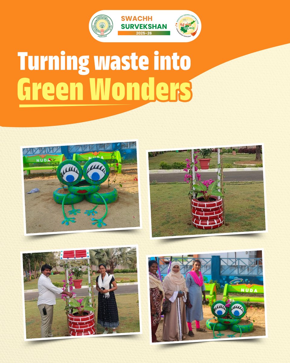 SwachhaAndhra's tweet image. Waste to Wonder in action! 🌱♻️As part of Swachh Survekshan 2025–26, a tree plantation was carried out in 37th Ward, along with a creative well in 36th Ward made using recycled materials like tyres, plastic pipes, bottles, and thermocol.
.
#WasteToWonder #SwachhSurvekshan2026