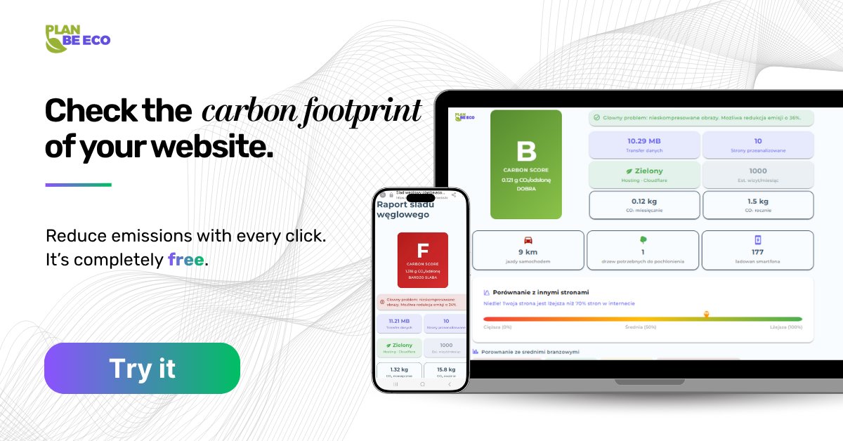 PlanBeEco's tweet photo. @PlanBeEco created a fully free website #carbonfootprintcalculator that shows:
✔ how much CO₂ your website generates
✔ where the biggest emission sources are
✔ what you can improve

Your website can generate less CO₂ – without a complete rebuild💻

https://t.co/2KZwe8ndGv https://t.co/v9UQiqd52z