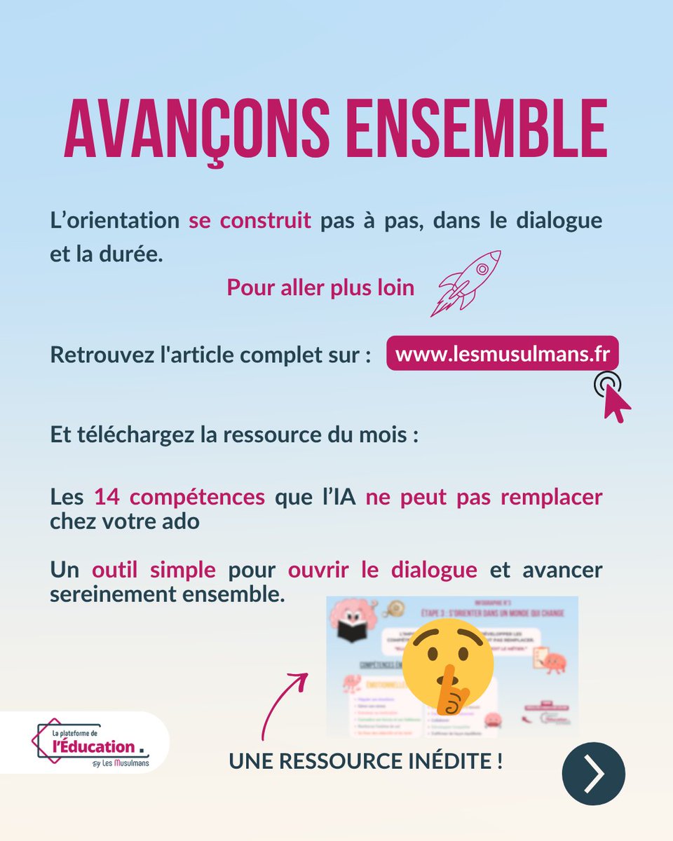 LesMusulmans's tweet image. 🧭 Comment aider votre adolescent à s’orienter dans un monde qui change rapidement ? 
Avant le métier, construisons des bases solides et des compétences durables 🌱
Découvrez la ressource → lesmusulmans.fr/education 
Soutenez la plateforme → bit.ly/3YNXUGK 
#Orientation
