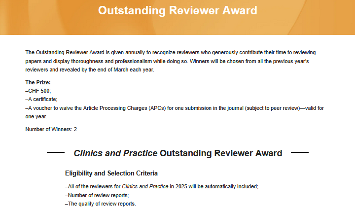 ClinPract_MDPI's tweet photo. 🏆 We are pleased to announce the #winners of the 2025 Outstanding Reviewer Award: Dr. Juraj Tomasik and Dr. Jerris Hedge!

👏 Many thanks to our #award committee, Dr. Athanassios Kyrgidis, and all our reviewers for their invaluable contributions!

🔗 https://t.co/y0lCOUdKcn https://t.co/n8wGlRSDOd