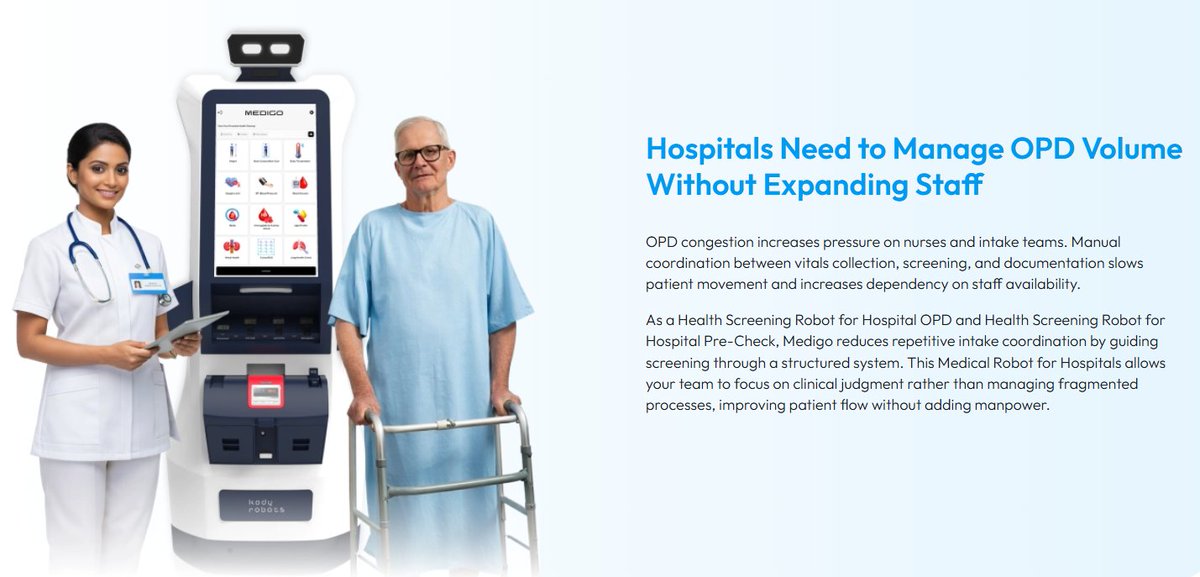 Hospitals Need to Manage OPD Volume Without Expanding Staff
Learn more: kodyrobots.com/healthcare-rob…
Medigo is a healthcare robot for hospitals in India, built for rapid preventive AI health screening, faster OPD pre-check, and smoother patient flow.
#Robot #Robotics #Hospitals