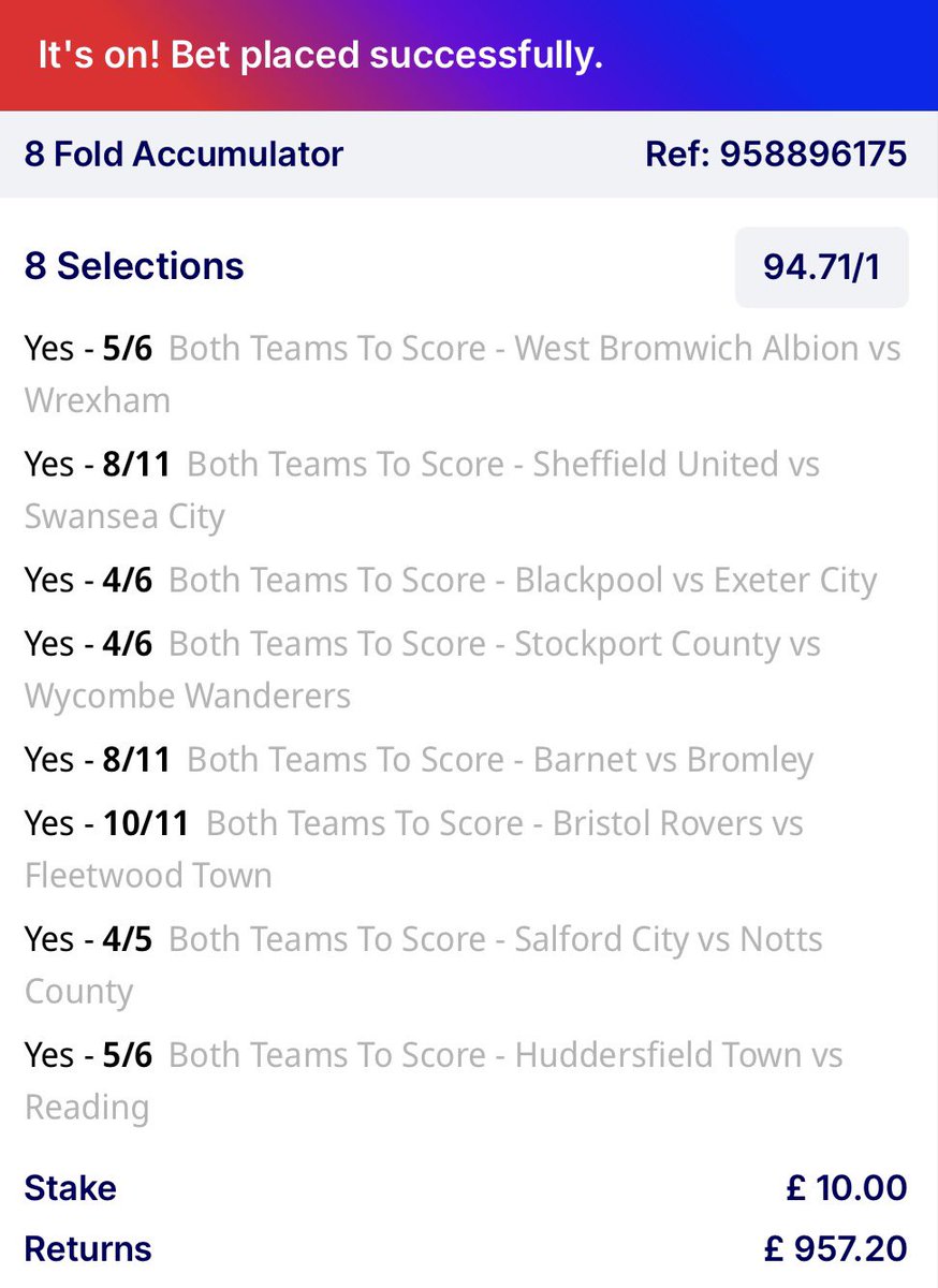 TenQuidCoupons's tweet photo. £10 BTTS #EFL #BPL #BTTS #Acca #Football #Bet https://t.co/aYNWQ5ocia