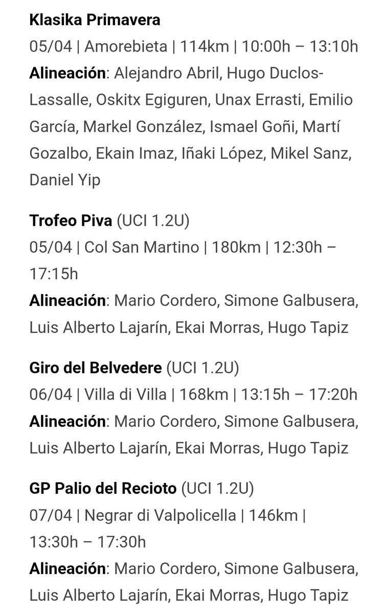 El aguileño Luís Alberto Lajarin emprende periplo por Italia, y el murciano <a href="/alexabmi/">alexabmi</a>, a la Klasika de Primavera. <a href="/EqFinisher/">Equipo Finisher</a> <a href="/ORMdeportes/">ORM Deportes</a> <a href="/ORMurcia/">Onda Regional</a> <a href="/DeportesMurcia/">Deportes Región de Murcia</a> <a href="/carmen_conesa/">Carmen Conesa</a> <a href="/fran__san/">👉🏼FRAN SÁNCHEZ👈🏻</a>