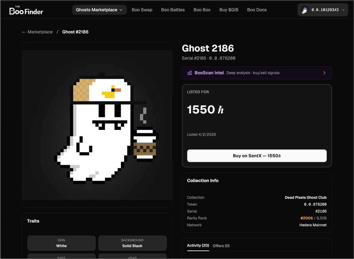 TheBooFinder's tweet photo. π» Boo Intelligence for the win π
- Notified of Ghost #218
- Appears in Best Buys
- Detail shows its available
- Boo Intelligence shows you why its the one to buy
#Hedera #DeadPixels_Club #Level9Labs #Hederanfts #Coding #Web3 #TheBoofinder https://t.co/wtVF9JW7nr