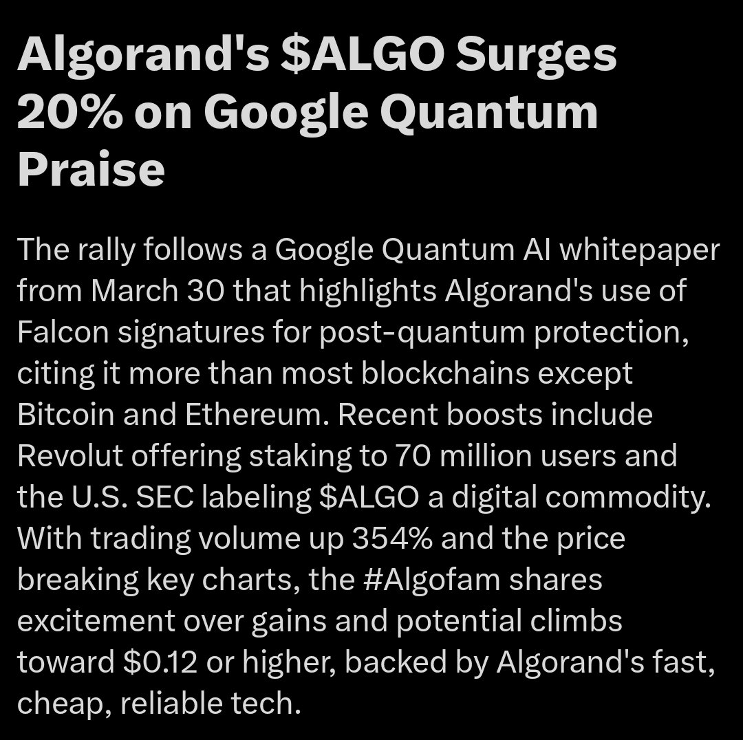 $ALGO is the bullish coin of the year. 

$ALGO is still very much undervalued with clear upside.

- has RWA utility
- quantum proof
- instant finality
- very less gas fees
- best chain for AI agents
.
.
.
Algorand is the future!