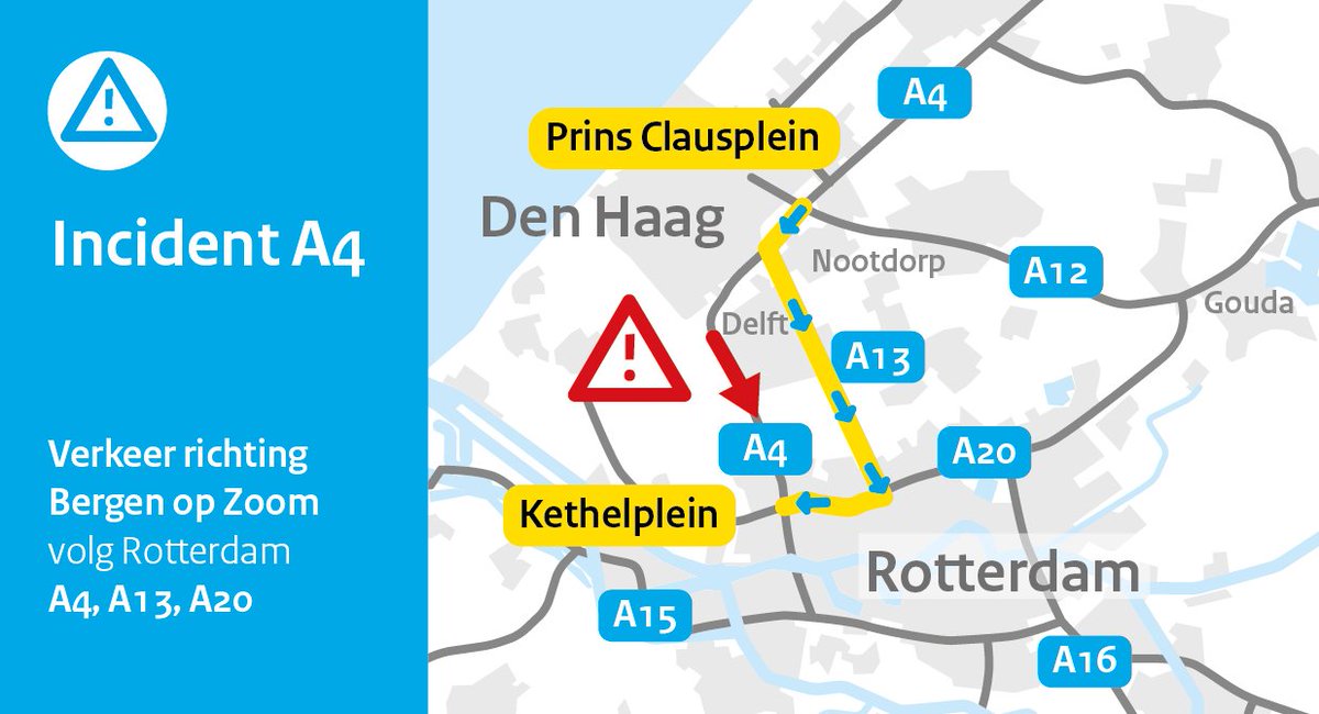 RWSverkeersinfo's tweet image. Houd rekening met drie kwartier vertraging op de #A4 richting Rotterdam voor Den Hoorn. Twee rijstroken zijn uit het verkeer door een ongeval. De berger gaat straks aan de slag. We leiden het verkeer voorlopig om vanaf knp. Prins Clausplein via onderstaande route. 👇