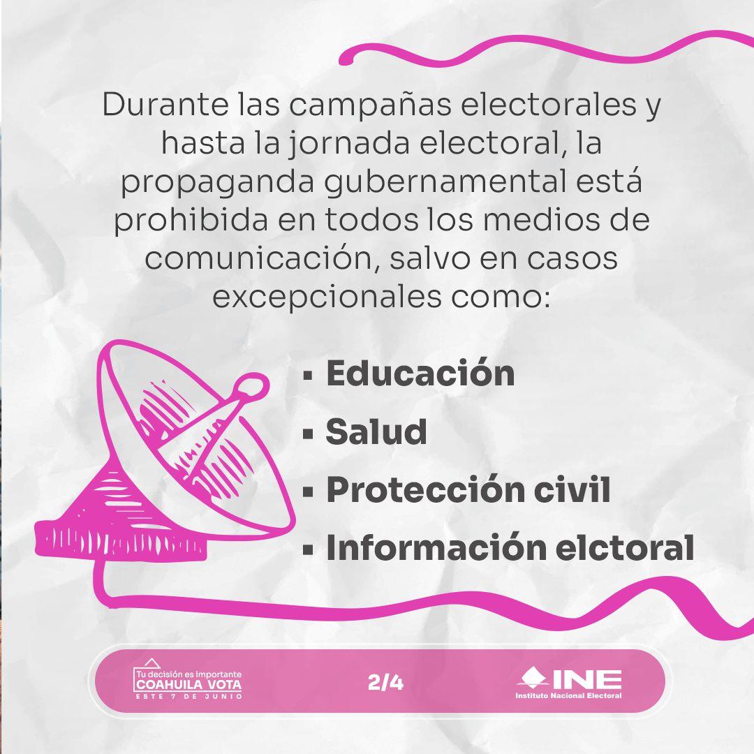 INEMexico's tweet photo. Durante las campañas electorales la propaganda gubernamental está prohibida 🚫🏛️

El objetivo es garantizar la equidad en la contienda y que los recursos públicos no influyan en tu voto. Conoce las excepciones y reglas del @INEMexico para  las #Elecciones2026MX  en Coahuila👇 https://t.co/X0yUqFgYyi