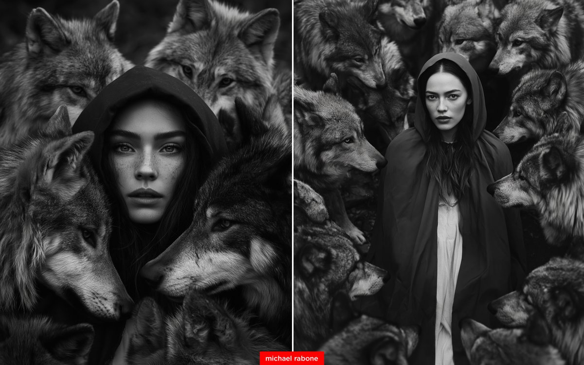 If you want to add another layer of magic to your image ask for 'magazine cover photography' in your prompt. Also add Vogue, etc.

Little red riding hood in the middle of a pack of wolves, black and white magazine cover photography, cinematic --ar 4:5 --raw --stylize 150 --v 8