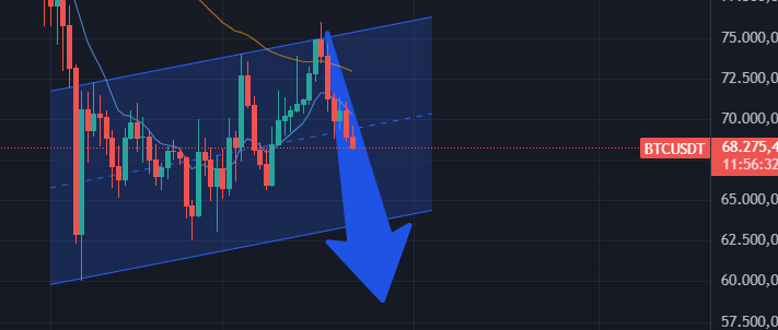 #btc proyeccion en proceso, yo ya asegure mi % despues de una caida de +10%, cuando el precio rebote buscare otra entrada en short.