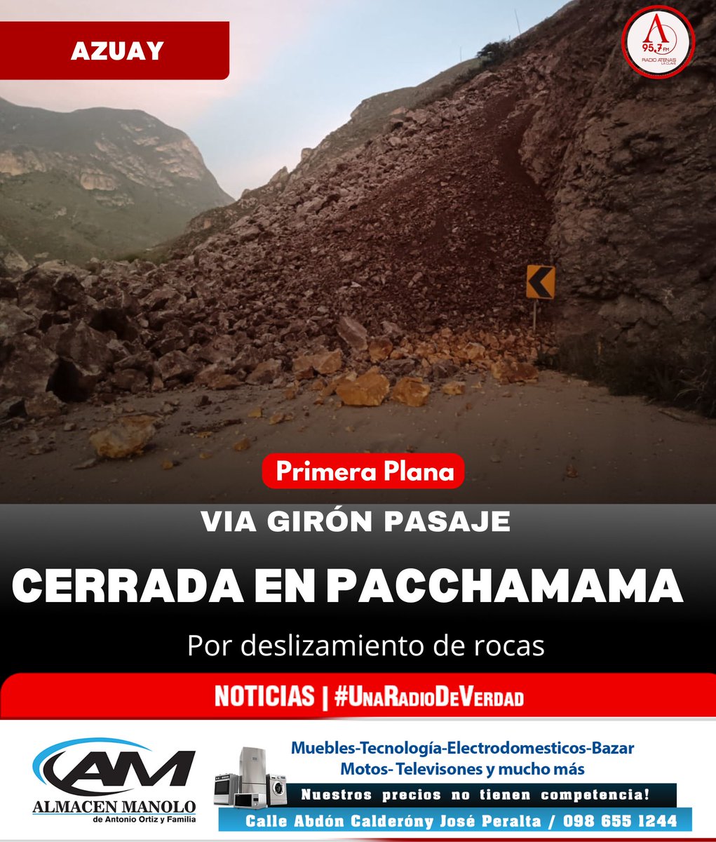 ##PrimeraPlana Un gran deslizamiento de rocas ha dejado bloqueada la vía Girón-Pasaje en el sector de Pacchamama. Esta situación ya se alertó este sábado 21 de marzo de 2026. De acuerdo a fotografías de este domingo le observa gran cantidad de material depositado sobre la vía.