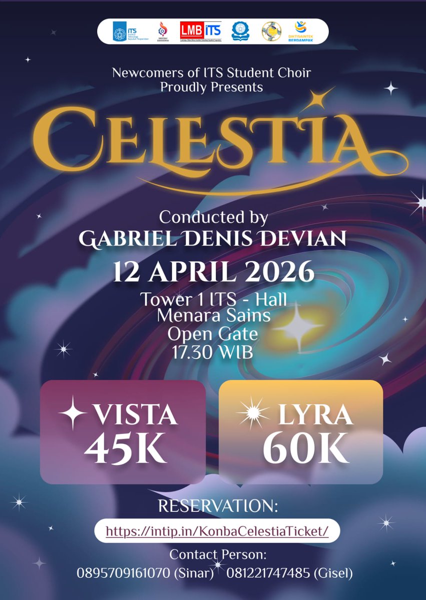 🌟 OPEN TICKET – KONBA PSM ITS 2026 🌟
✨ Echoes of Heaven, Resonating on Earth ✨

Hello everyone! 🎶
The new members of PSM ITS proudly present their first concert : 🎼 CELESTIA

📅 Date: 12 April 2026
📍 Venue: Tower 1 ITS – Hall Menara Sains
⏰ Open Gate: 17.30 WIB

🎟