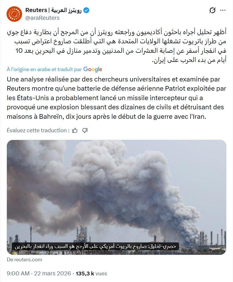 LLP_Le_Vrai's tweet photo. #Cheeeh : un missile Patriot US a provoqué une explosion blessant des dizaines de civils et détruisant des maisons à Bahreïn ! https://t.co/xUmEAJn0v9