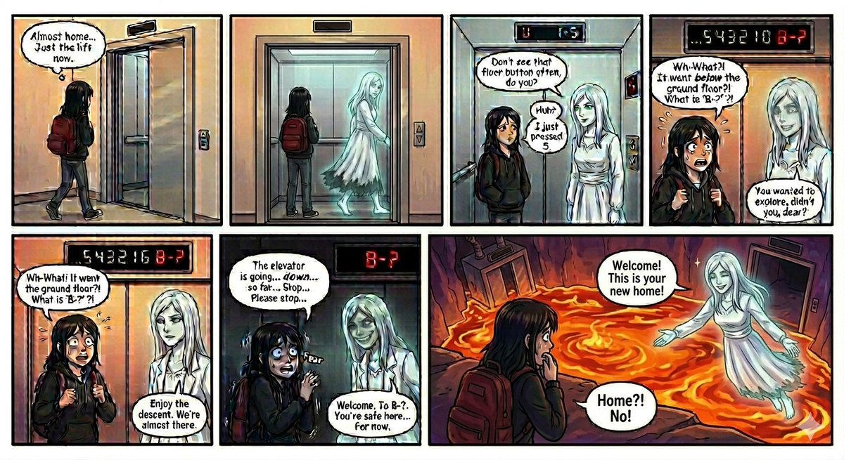 uncanny_piscean's tweet image. A spooky little comic about an elevator ride that goes way, way down. What do you think is on the next floor? 🤔

#ghosts #scarystory #comic #webcomic #horrormanga #elevatorshaft #horrorcomic #urbanlegend