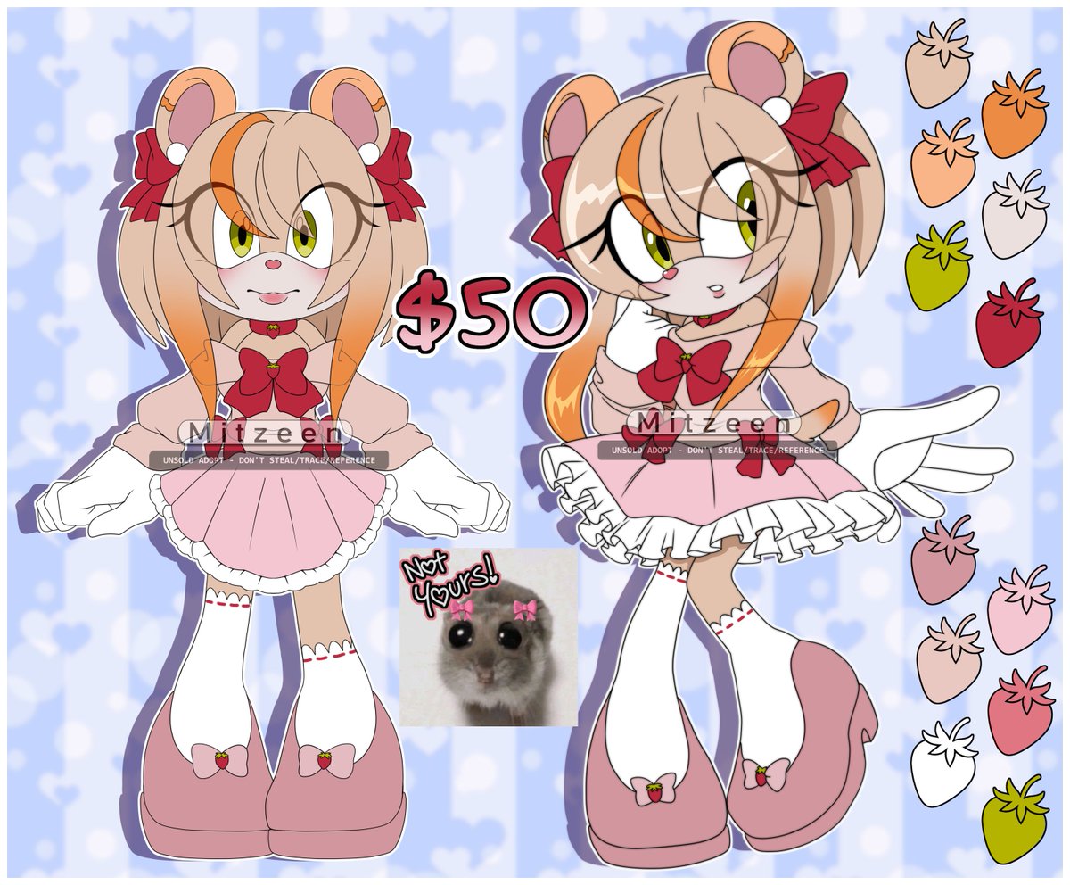 🍓Strawberry hamster adopt! 🐹

💵invoice only - no holds
🎨can change her colors!

💌Dm or comment to claim!