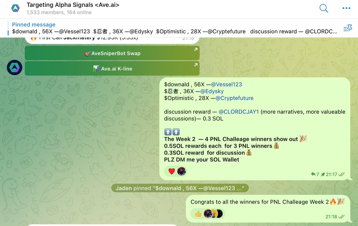 AveaiGlobal's tweet image. 🚀Ave PNL Challenge Week 3 has begun!! -- Join and get your SOL rewards! 
⬇️⬇️
TG👉t.me/+sRUeT37k330zN…

✅Rules Announcement:  
1️⃣Drop CAs and its narrative in the TG group
👉 

Use "/pnl + CA" to show out the PNL of tokens

2️⃣Encourage Discussions