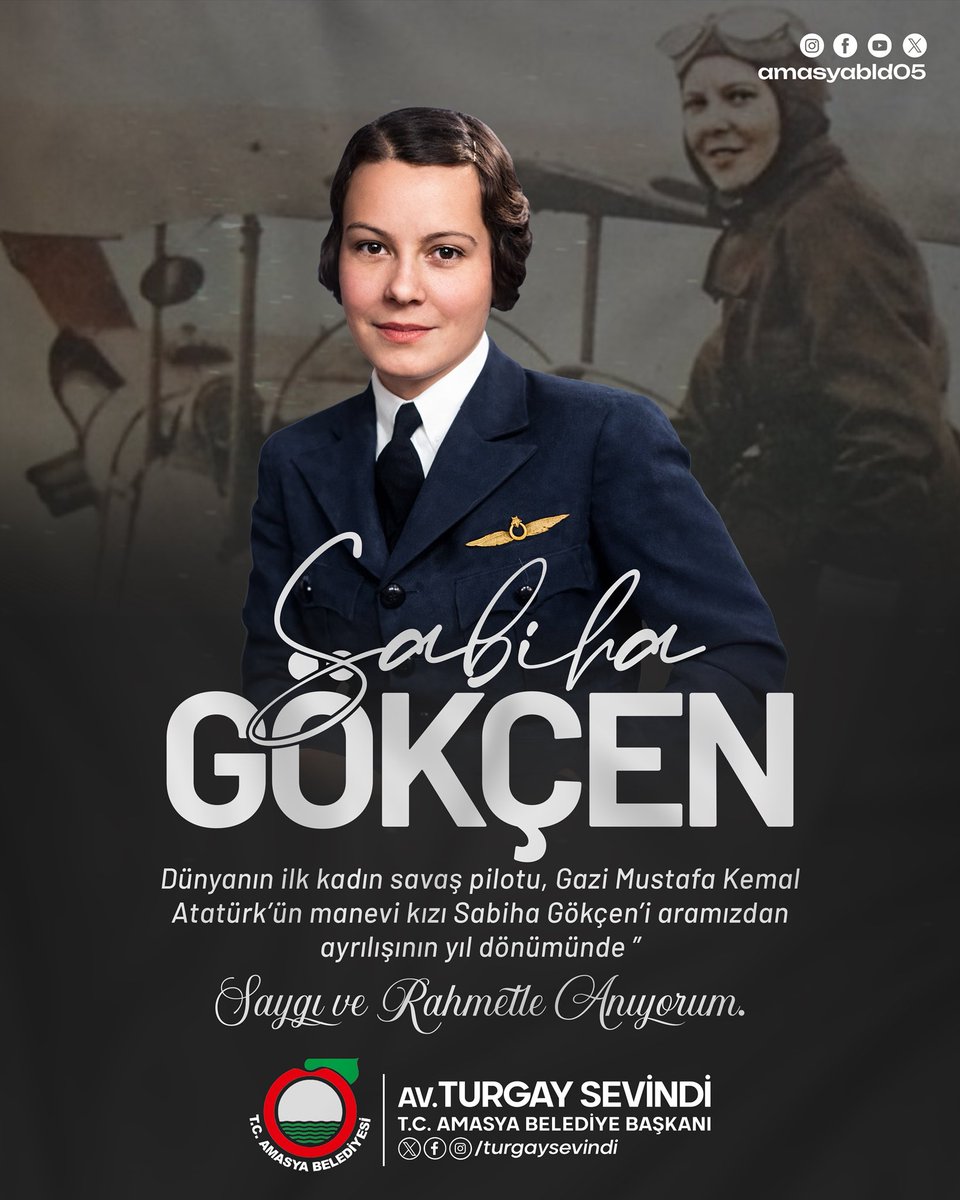amasyabld05's tweet photo. Cumhuriyetin bizlere mirası olan laiklik ve toplumsal adalet yolunda, kadınların önündeki tüm engelleri yıkan bu cesur kalbi unutmayacağız. İlk kadın savaş pilotumuz Sabiha Gökçen’i vefatının yıl dönümünde saygı ve minnetle  anıyoruz. 🇹🇷 https://t.co/aEn49Y1JTM
