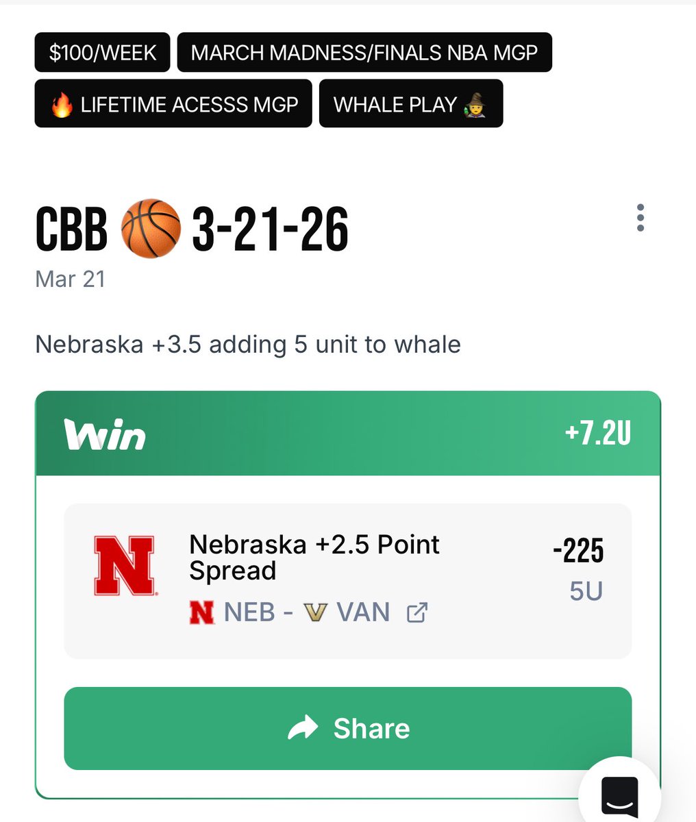 MGPBets's tweet photo. 🐋 Nebraska +110 CASH

VIP doubled down +3.5 → Double Cash

free plan got it too 🫡

🐋 119–31 whale run

not slowing down! March Madness 2026 will be one to remember💰🏀⛹️ https://t.co/AfEnJrLVIX