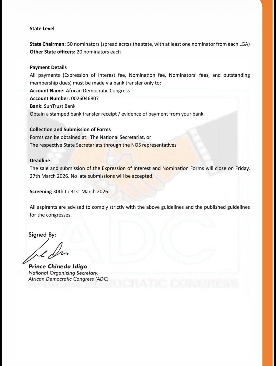 The African Democratic Congress (ADC) invites all interested and qualified party members to obtain Expression of Interest and Nomination Forms for the upcoming Ward, Local Government, State Congresses, and National Convention.

This is an opportunity to serve, contribute, and be