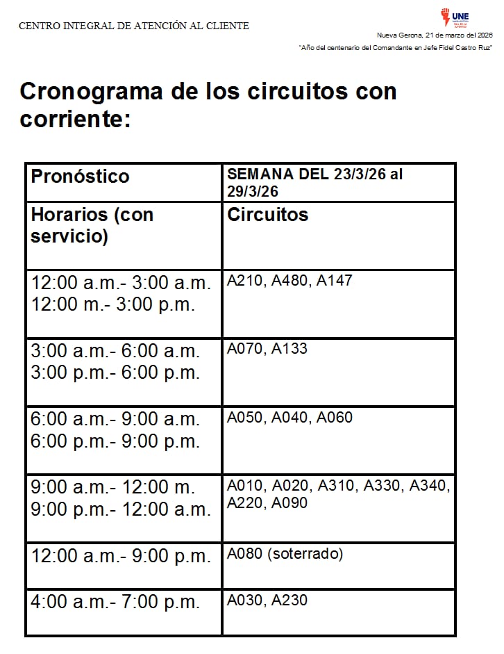 💡Informa la Empresa Eléctrica de la Isla de la Juventud el horario de servicio de corriente para la semana del 23 al 29 de marzo
